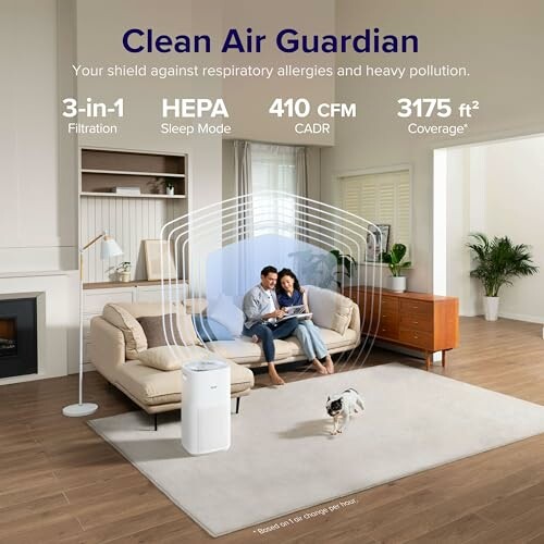 Living room with air purifier and family, highlighting features like 3-in-1 filtration and HEPA sleep mode.