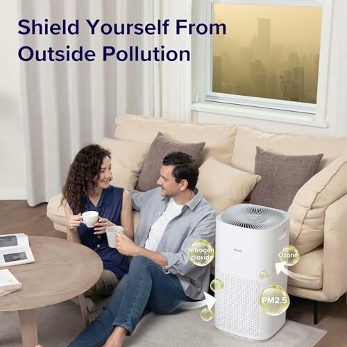 Couple sitting in living room with air purifier, text reads 'Shield Yourself From Outside Pollution'.