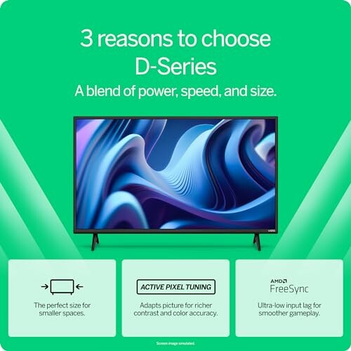 Promotional image for D-Series TV highlighting power, speed, and size features.