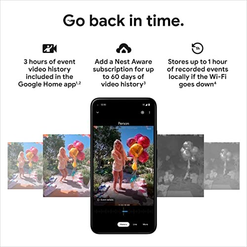 Google Nest camera features with video history options and phone interface.