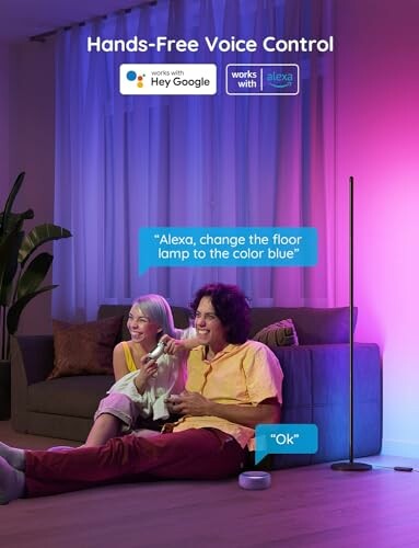 Couple using voice control to change lamp color with Alexa and Google compatibility.