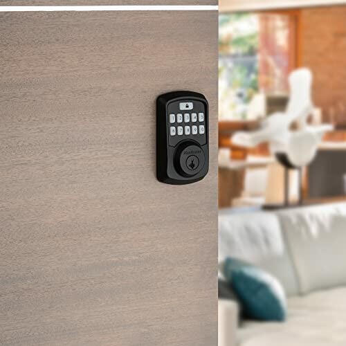 Smart door lock with keypad on a wooden door, modern living room in background