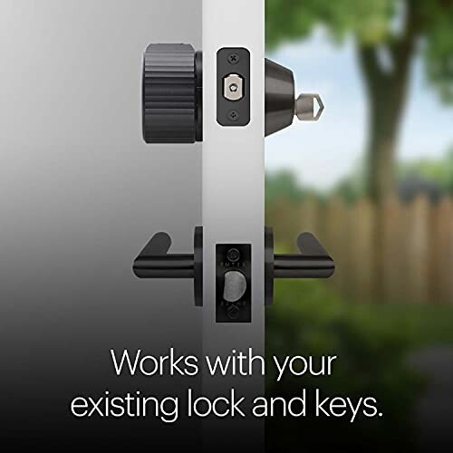 Smart lock adapter on door with text 'Works with your existing lock and keys'.