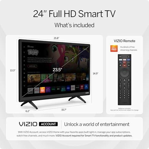 VIZIO 24-inch Full HD Smart TV with remote control and streaming features.