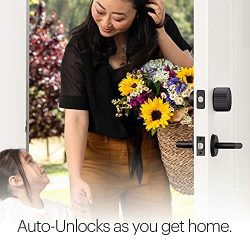 Woman holding flowers entering home with smart lock, child nearby.